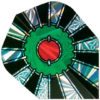 A green and black stained glass window with red center.