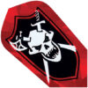 A red and black picture of a skull with swords.