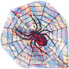 A spider is sitting on the web of a colorful umbrella.