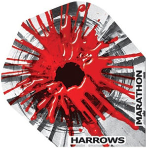 A red and black logo for the marathon of harrows.