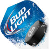 A bud light logo with a hockey puck in the background.