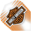 A harley davidson logo is shown on the side of an orange and white background.