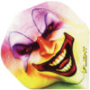 A picture of a clown face with purple and yellow colors.