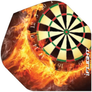 A picture of a fire with a dart board in the center.