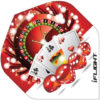 A red and white background with dice, cards and roulette wheel.